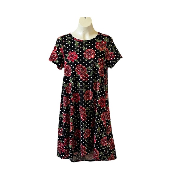 Lularoe Black White Polka Dots Red Roses Carly Swing Dress Medium High Low Hem - Picture 2 of 7